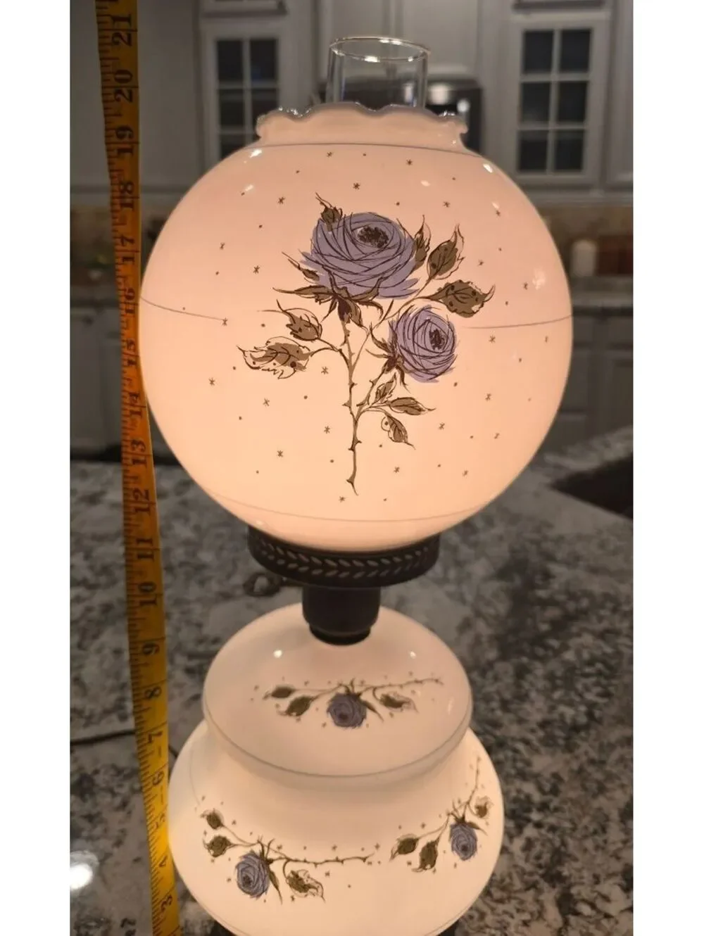 Vintage Gone With the Wind Hurricane Lamp Blue Roses 3-Way Satin Glass 21